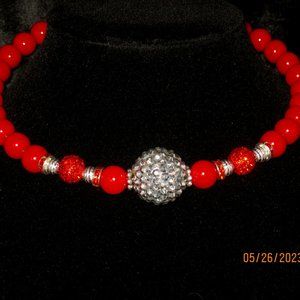 BB Red Coral Necklace, 10mm Natural Coral with Micro Beads + Crystals